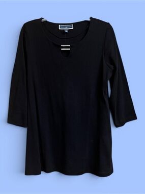 Karen‎ Scott Split Neck Tunic Top Embellished Black 3/4 Sleeve Sz M EUC